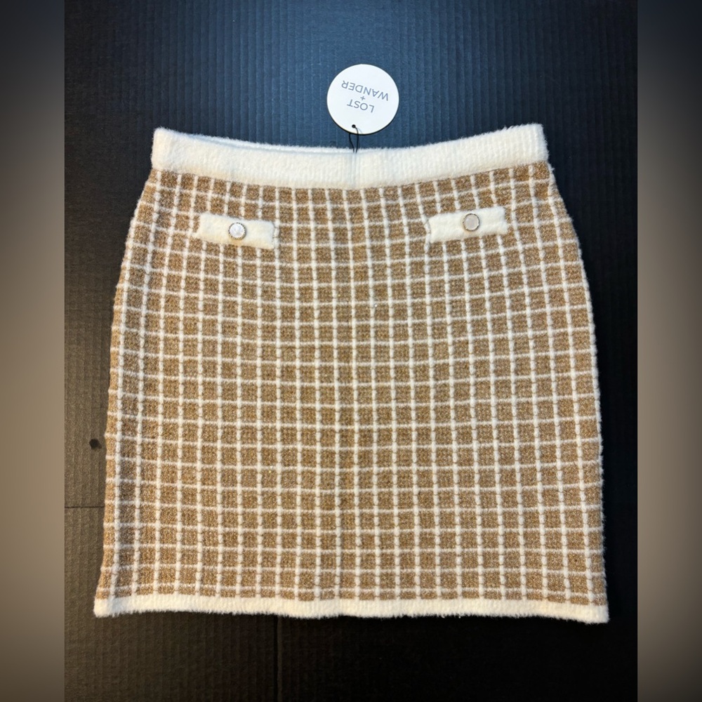Lost + Wander Plaid Sweater Skirt Size M/L (32) Gold Cream
